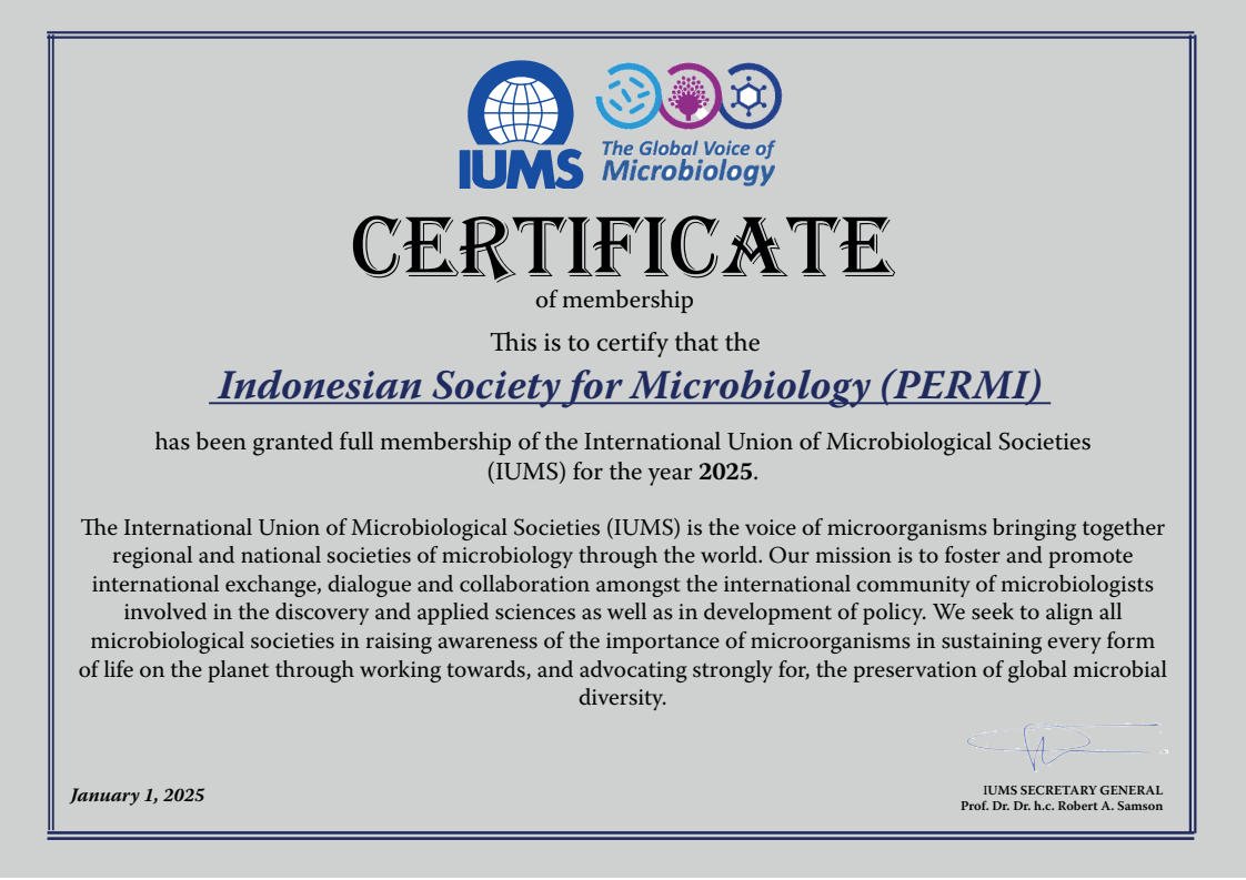 Certificate of membership The Indonesian Society for Microbiology (PERMI)
